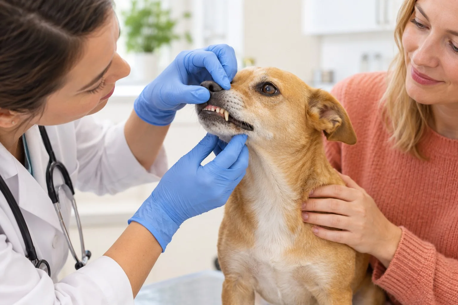Veterinarian gently inspecting a tan dog’s teeth while its owner supports it